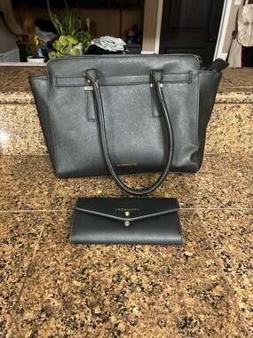 Liz Claiborne Black Saffiano Faux Leather Tote, wallet Set